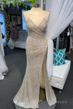 High Slit Blue Sequins Straps Mermaid Formal Prom Dress