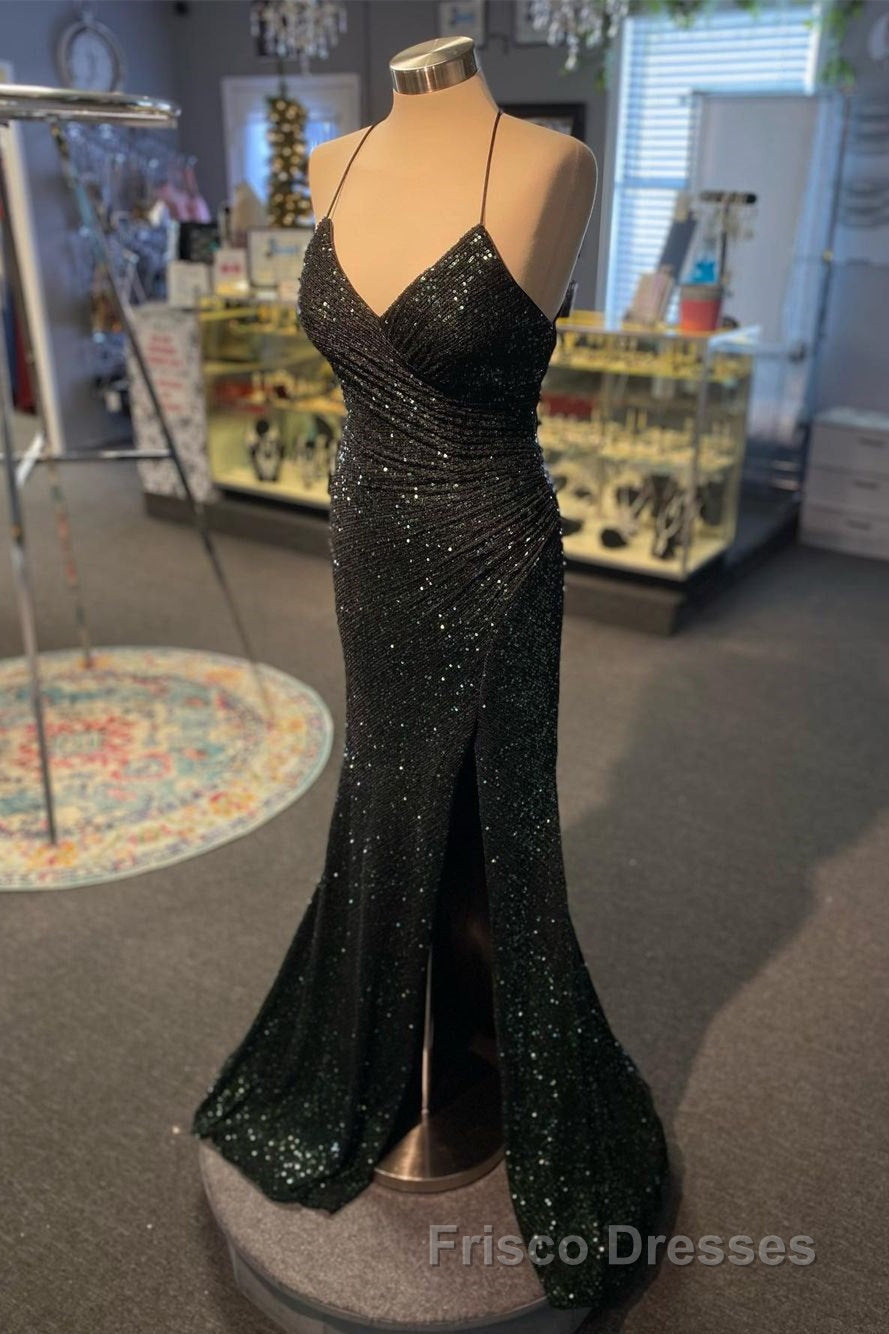 High Slit Blue Sequins Straps Mermaid Formal Prom Dress