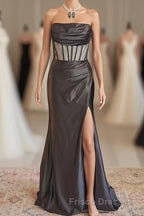 Black Strapless Mermaid Satin Long Formal Prom Dress with Slit