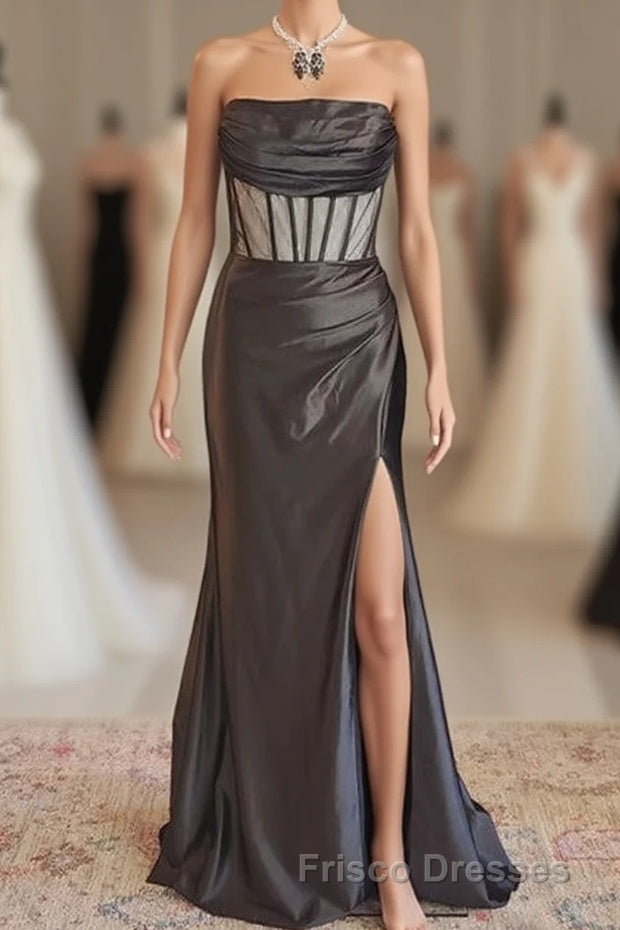 Black Strapless Mermaid Satin Long Formal Prom Dress with Slit