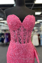 Hot Pink Appliques Strapless Mermaid Long Formal Prom Dress