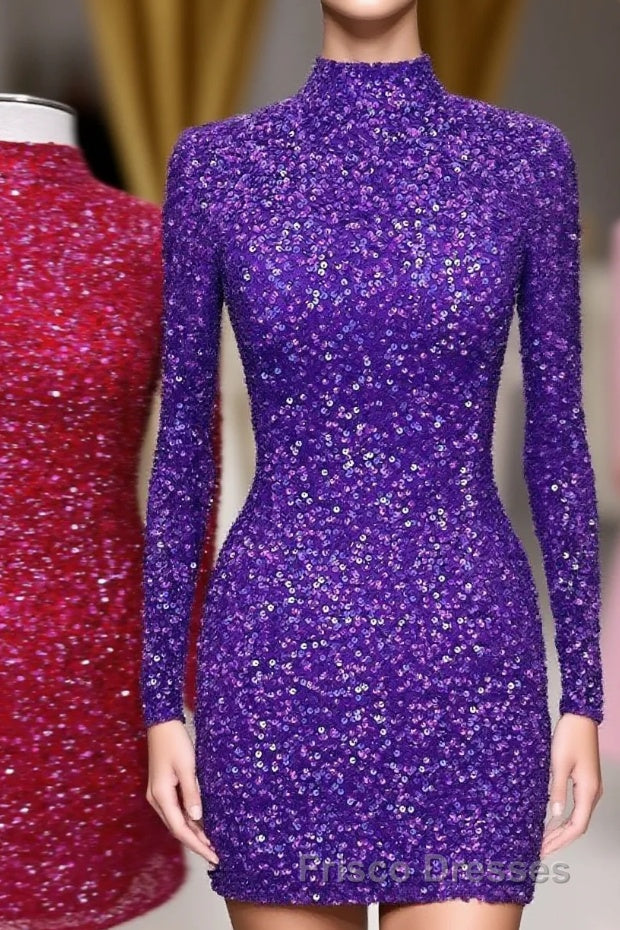 Regency High Neck Long Sleeves Sequins Keyhole Homecoming Dress Main image