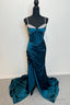 Dark Blue Mermaid Beaded Pleated Satin Long Prom Dress with Slit