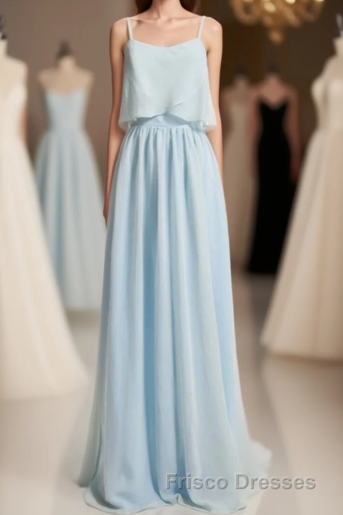 Dusty Blue Chiffon Spaghetti Straps Ruffled Long Bridesmaid Dress Main image