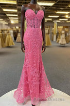 Hot Pink Appliques Strapless Mermaid Long Formal Prom Dress