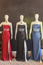 Black Strapless Mermaid Satin Long Formal Prom Dress with Slit