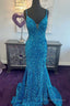 Blue Sequin Plunge V Mermaid Long Prom Dress with Slit