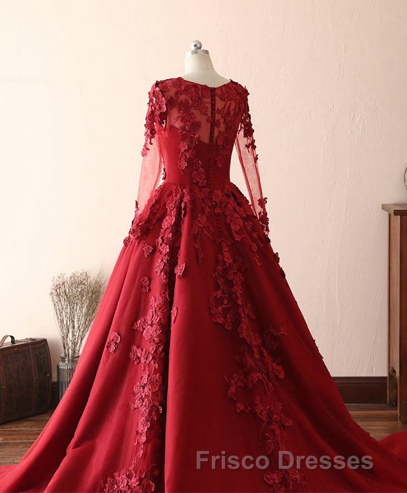Burgundy Lace Satin Long Formal Prom Dress, Burgundy Lace Evening Dress