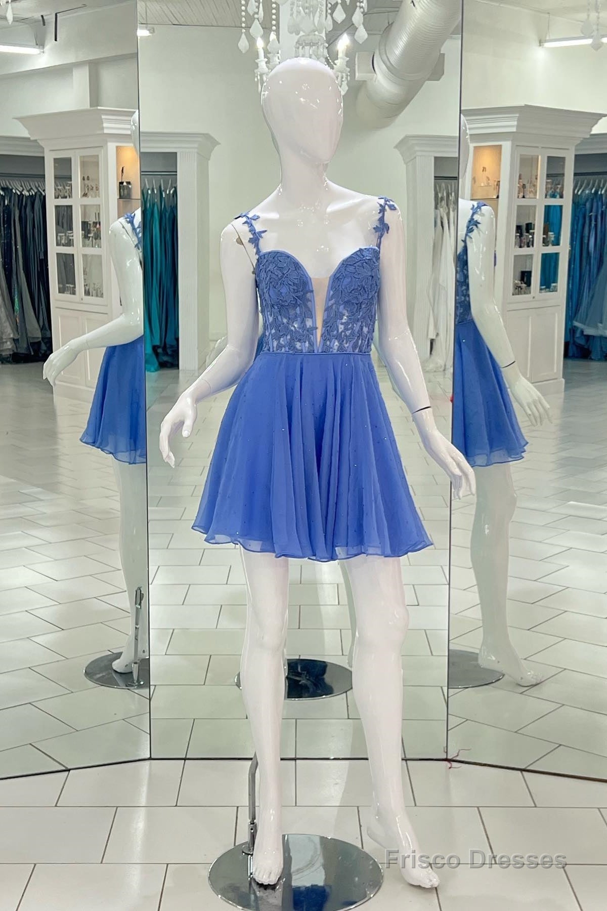 Blue Deep V Neck Straps A-line Appliques Chiffon Homecoming Dress Secondary image