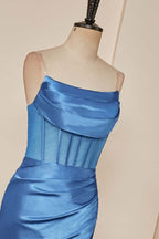 Blue Pleated Strapless Mermaid Satin Long Prom Dresses with Slit