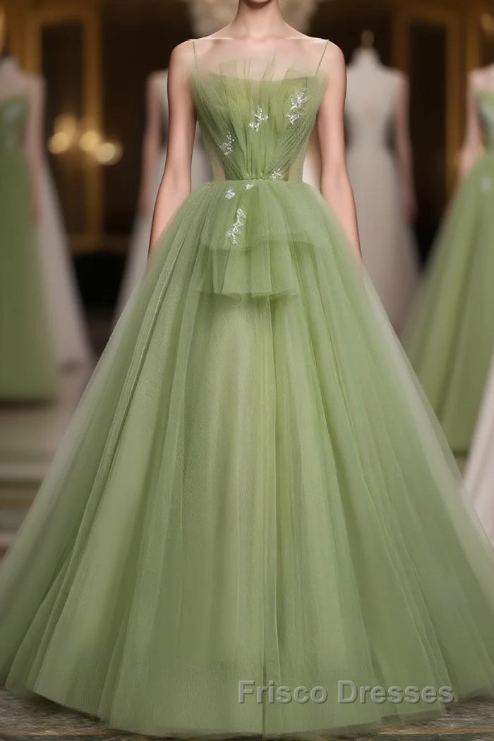 Green Tulle Long Formal Prom Dress, Green Tulle Formal Prom Dress