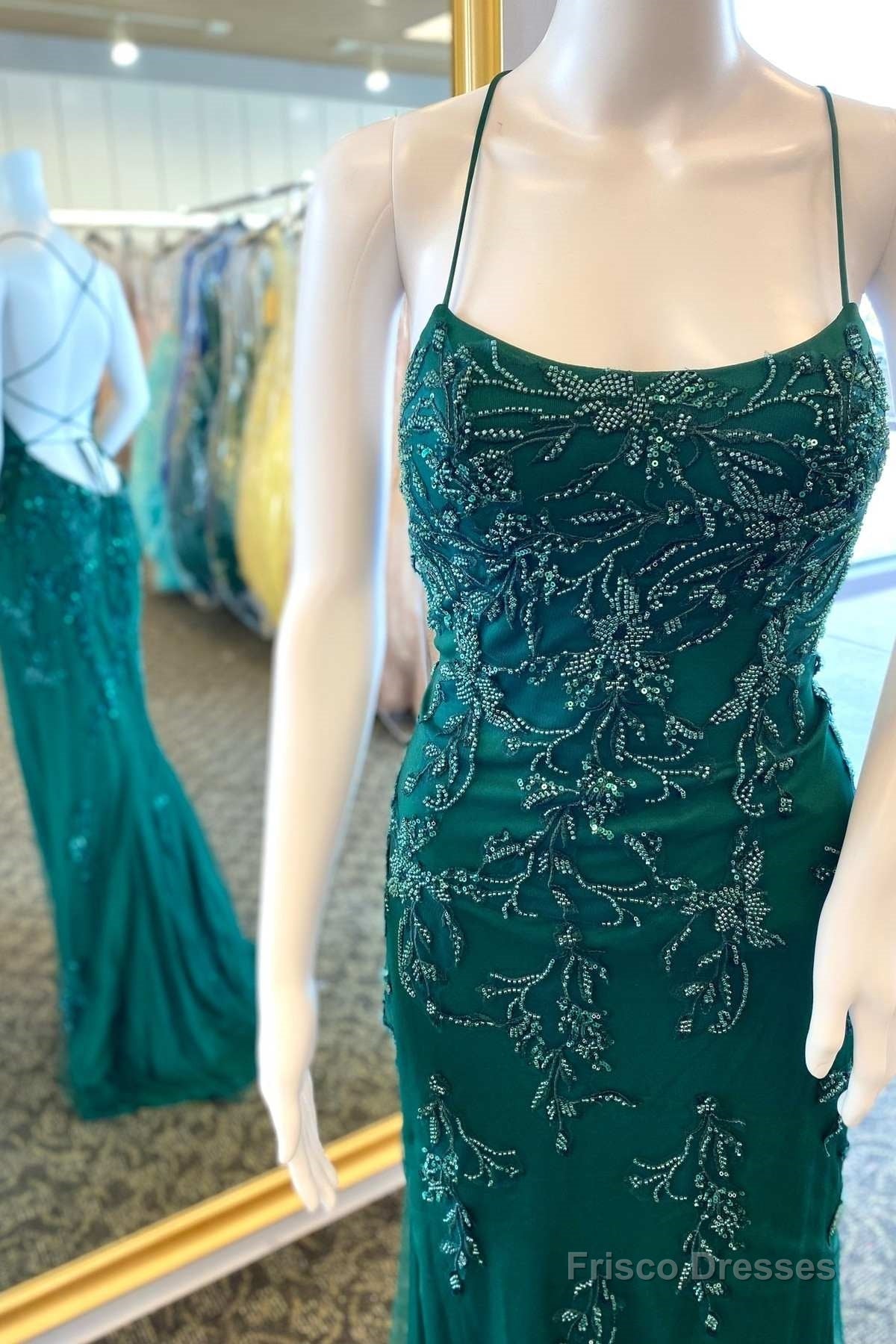 Hunter Green Floral Bead Lace-Up Back Mermaid Long Formal Dress Main image
