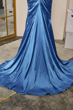 Blue Pleated Strapless Mermaid Satin Long Prom Dresses with Slit