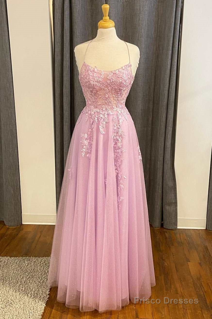 Pink Lace Tulle Lace-Up Back A-Line Prom Dress Main image