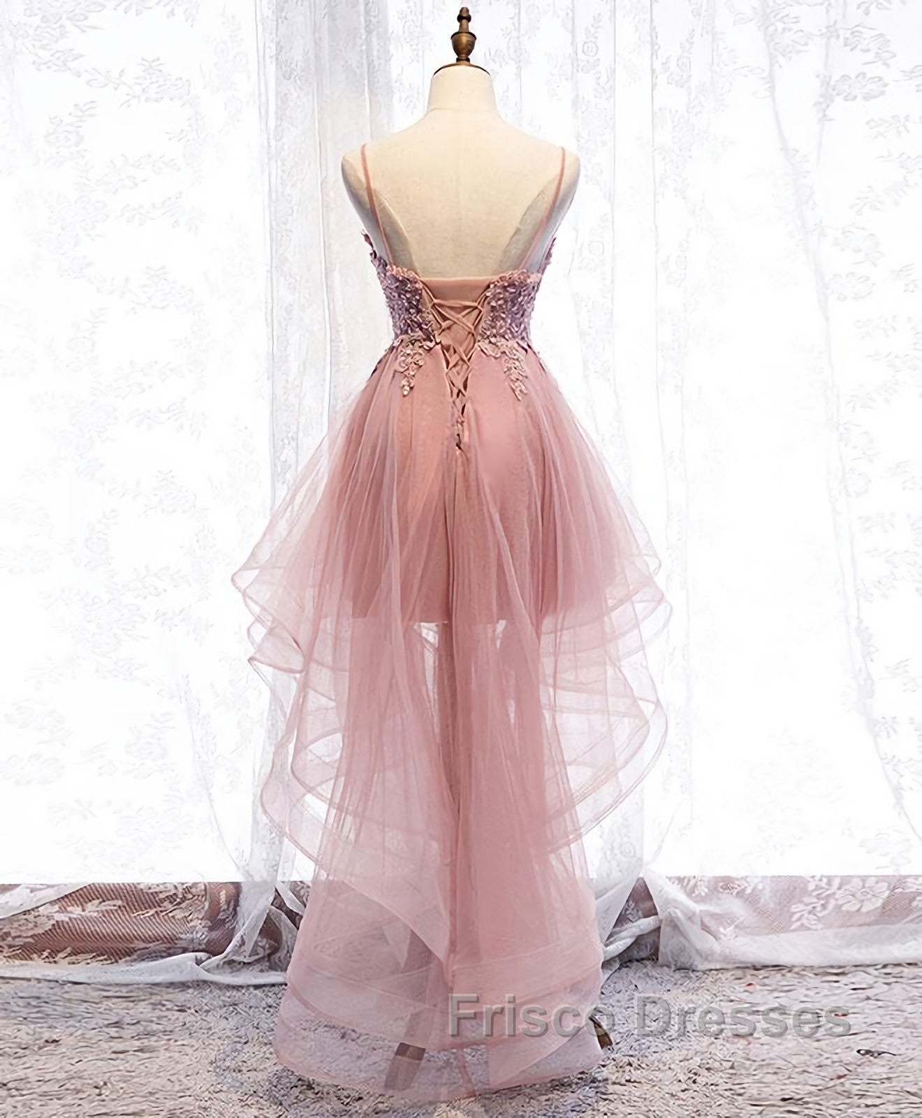 Pink Tulle Lace High Low Formal Prom Dress, Pink Homecoming Dress, 1 Secondary image