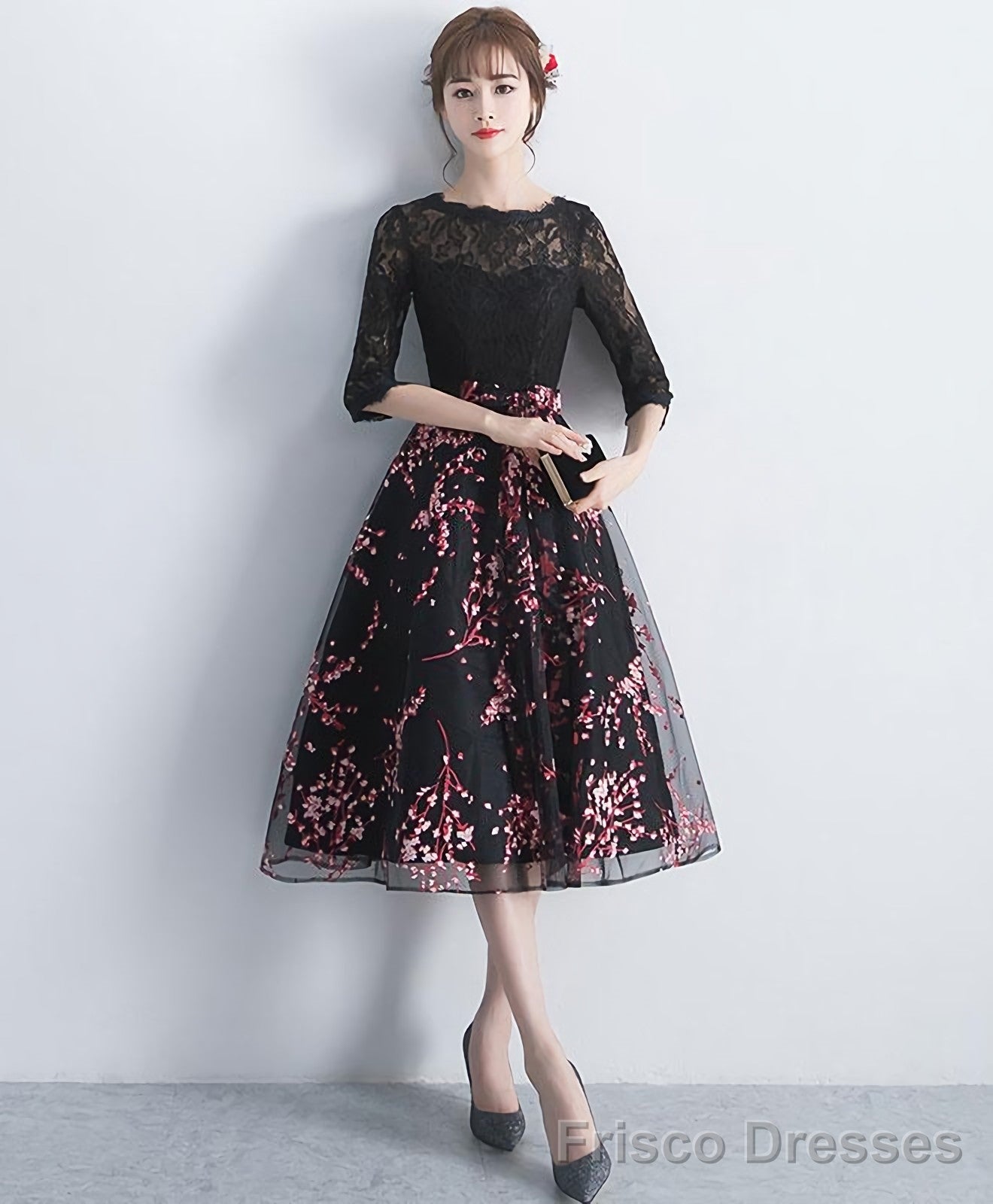 Black Lace Tulle Short Prom Dress Black Lace Bridesmaid Dress