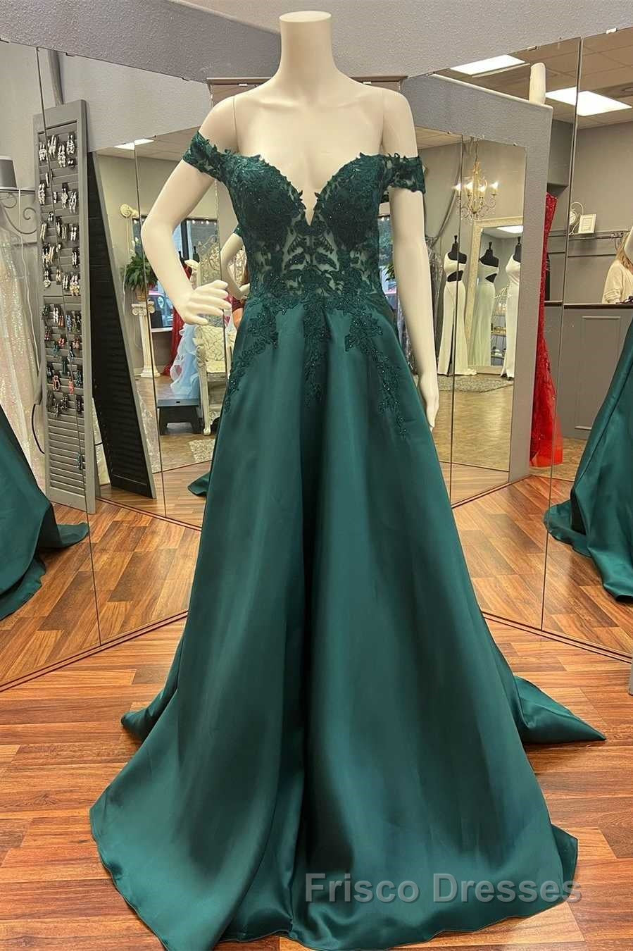Hunter Green Lace Off-the-Shoulder A-Line Long Formal Prom Dress Secondary image
