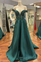 Hunter Green Lace Off-the-Shoulder A-Line Long Formal Prom Dress