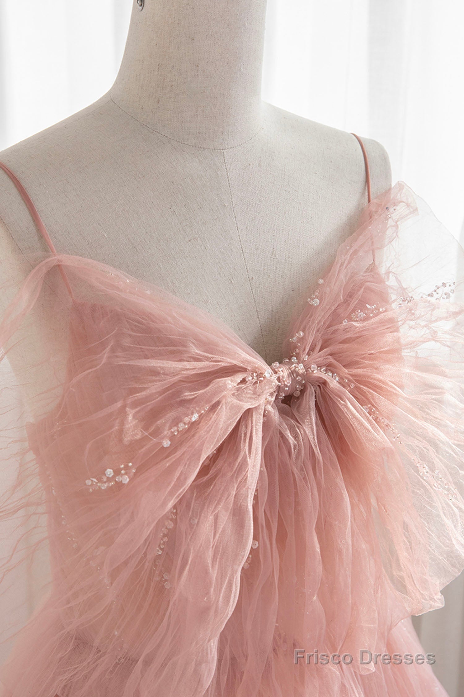 Pink Tulle Beaded Long Prom Dress, A-Line Evening Dress with Bow Secondary image