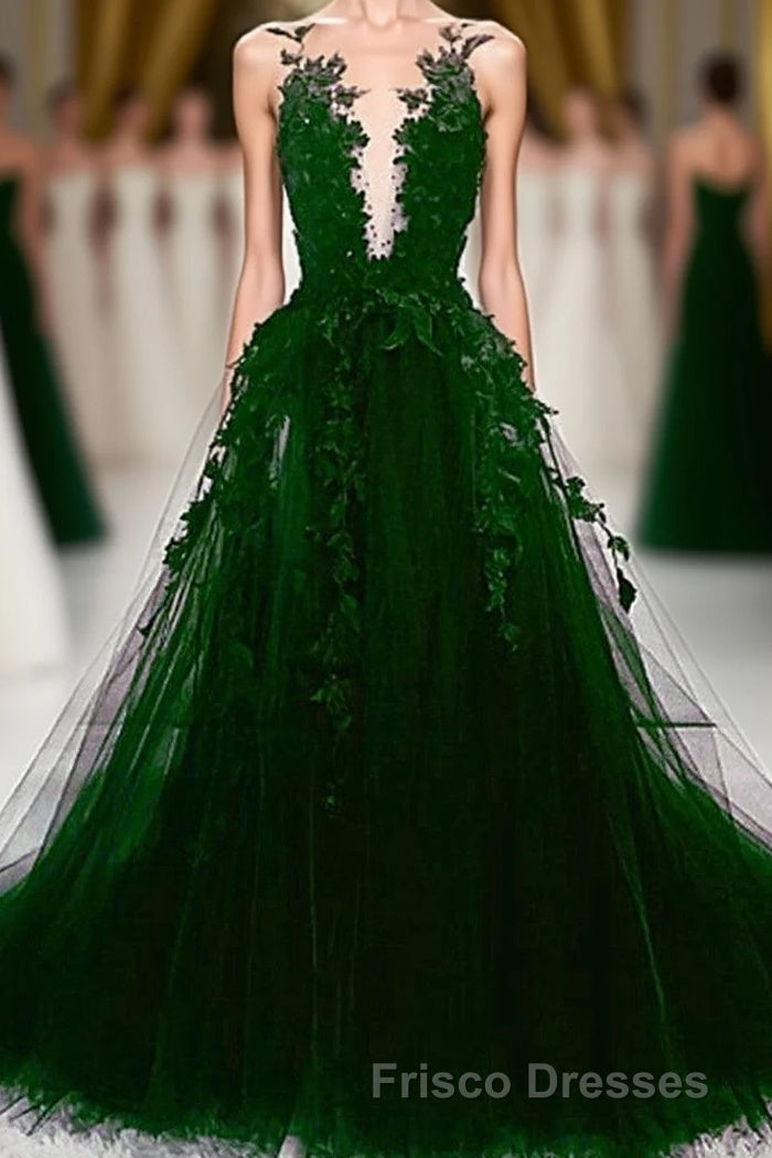 Dark Green Tulle With Lace Deep Neckline Backless Formal Prom Dress, Dark Green Party Dress Main image