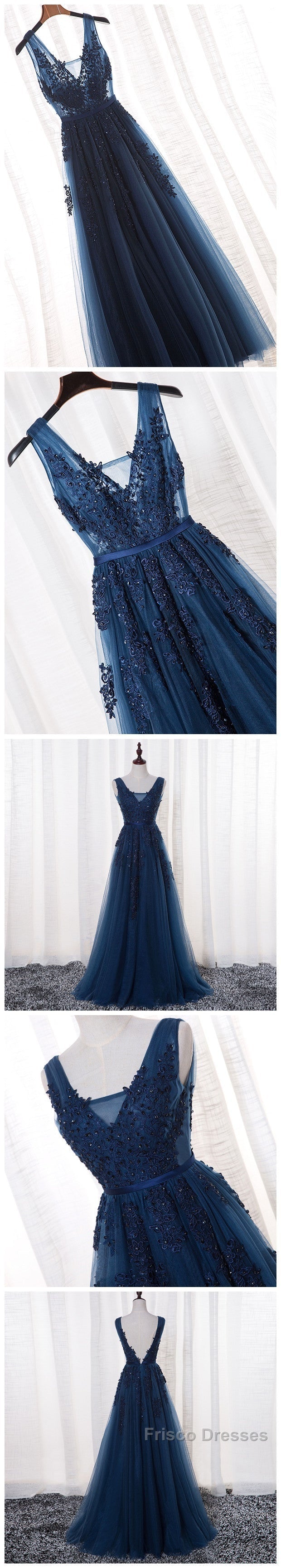 Glamorous Navy Blue Lace Tulle V Neck See Through Formal Prom Dress Secondary image
