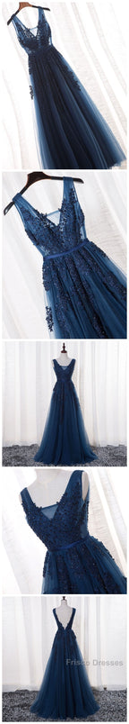 Glamorous Navy Blue Lace Tulle V Neck See Through Formal Prom Dress