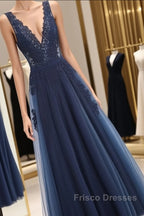 Glamorous Navy Blue Lace Tulle V Neck See Through Formal Prom Dress