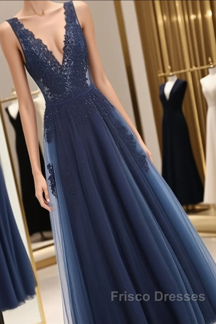 Glamorous Navy Blue Lace Tulle V Neck See Through Formal Prom Dress