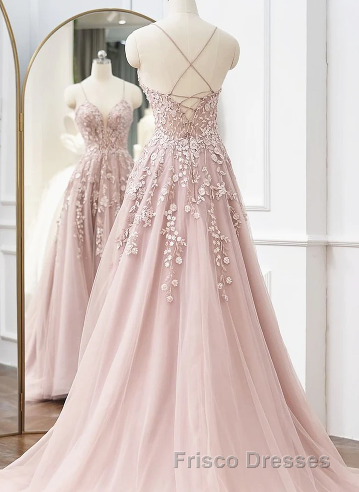 Pink Tulle With Lace Straps Long Party Dress, Pink Tulle Formal Prom Dress Evening Dress Secondary image