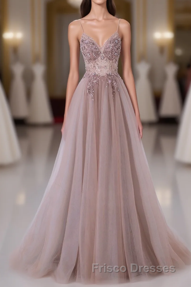 Pink V-Neckline Beaded Straps Long Party Dress, A-Line Pink Tulle Floor Length Formal Prom Dress Main image