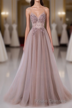 Pink V-Neckline Beaded Straps Long Party Dress, A-Line Pink Tulle Floor Length Formal Prom Dress