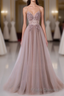 Pink V-Neckline Beaded Straps Long Party Dress, A-Line Pink Tulle Floor Length Formal Prom Dress