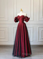 Off Shoulder Wine Red Sweetheart Tulle Formal Prom Dress, A-line Wine Red Evening Dress
