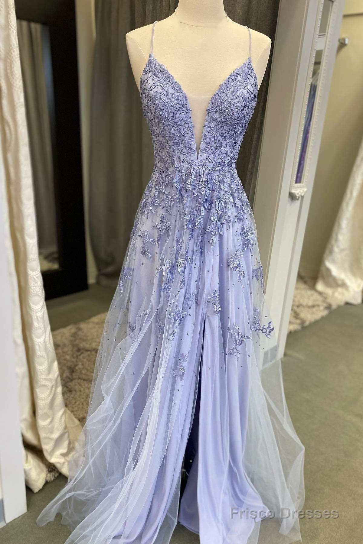Periwinkle Floral Lace Plunge V A-Line Prom Dress with Slit Main image