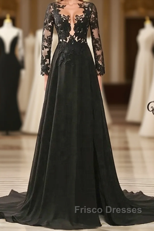 Black Long Sleeves Chiffon With Lace Evening Dress, Black A-Line Party Dress With Leg Slit Main image