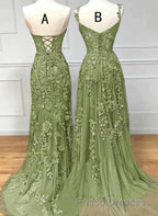 Lovely Sage Green Tulle With Lace Long Formal Prom Dress, Sweetheart Formal Prom Dress