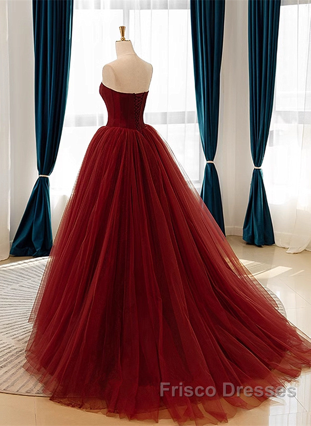 Wine Red Tulle Scoop Long Formal Dress, Wine Red Tulle Formal Prom Dress Party Dress