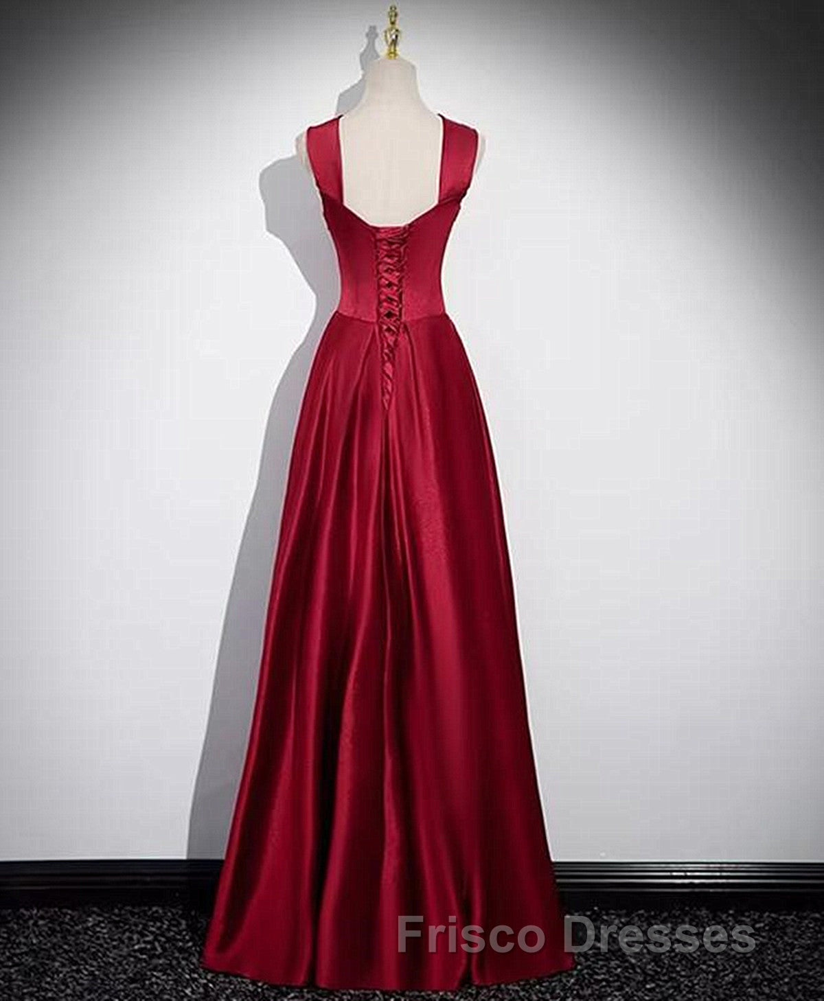 A-Line Sleeveless Wine Red Satin Evening Dress, Wine Red Long Formal Prom Dress
