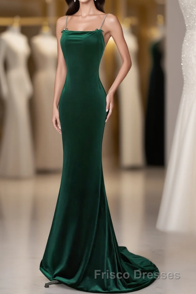 Green Velvet Mermaid Straps Long Formal Prom Dress, Green Evening Dress Party Dress Main image