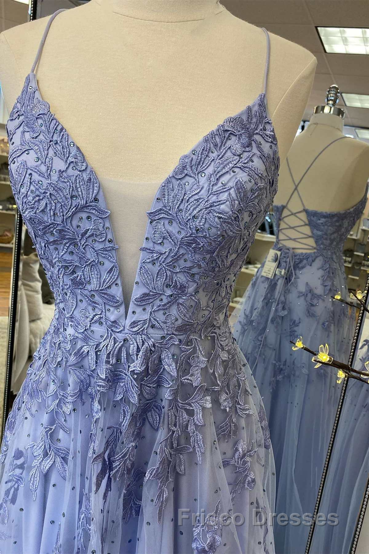 Lavender Tulle V-Neckline Long Party Dress, Lavender Straps Formal Prom Dress Formal Prom Dress Secondary image