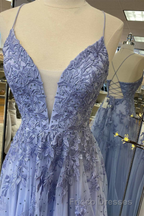 Lavender Tulle V-Neckline Long Party Dress, Lavender Straps Formal Prom Dress Formal Prom Dress