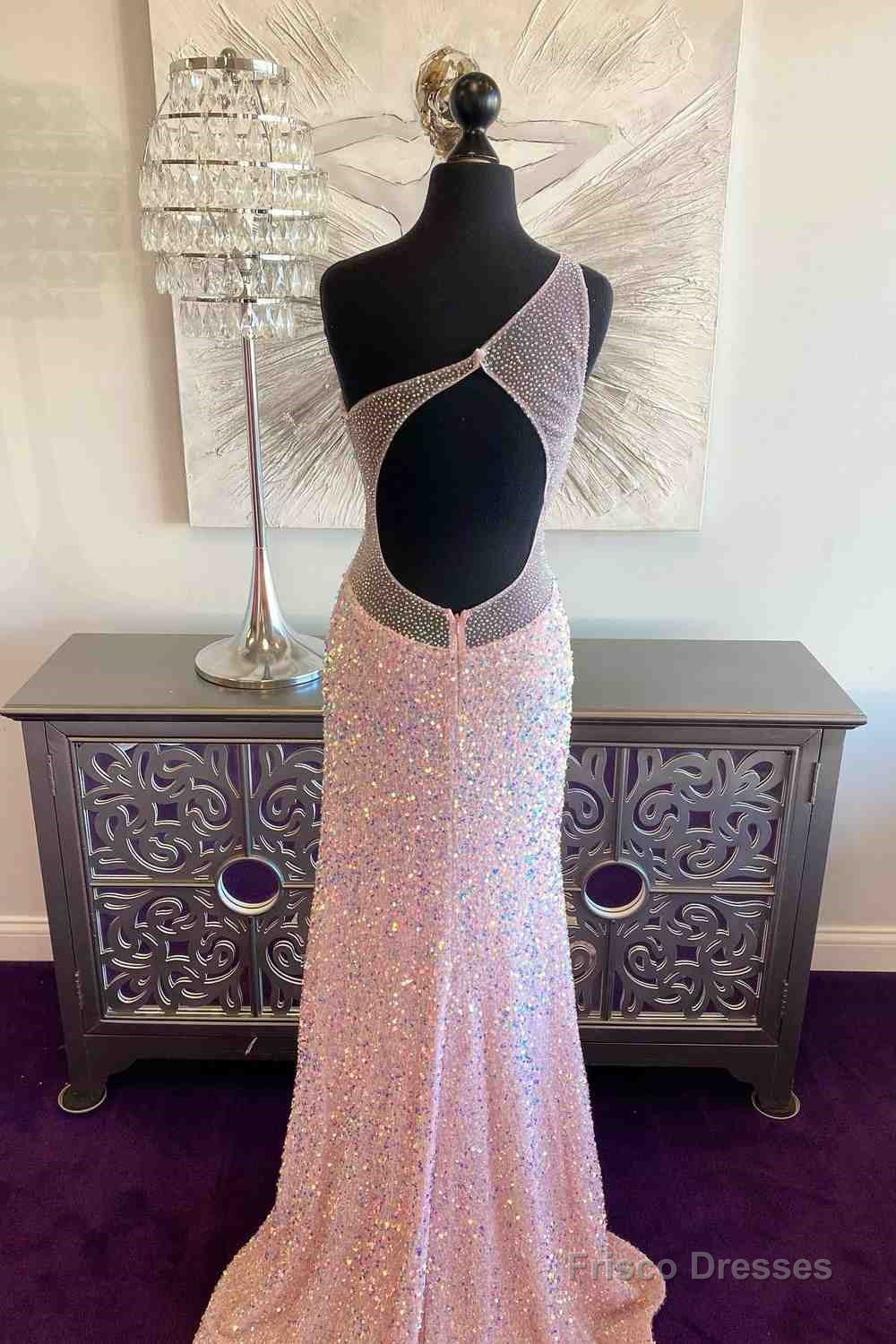 Pink Mermaid One Shoulder Sequins Keyhole Long Prom Dress with Slit Secondary image