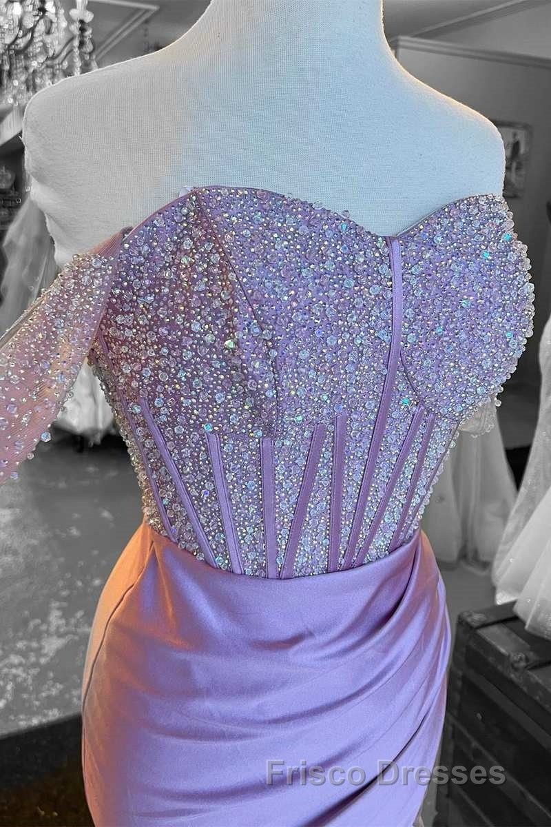 Lilac Beaded Off-the-Shoulder Long Formal Prom Dress with Slit Secondary image