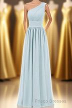 Dusty Blue Chiffon One-Shoulder Banded Waist Bridesmaid Dress