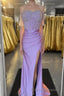 Lilac Beaded Off-the-Shoulder Long Formal Prom Dress with Slit