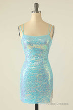 Light Blue Sequin Lace-Up Mini Homecoming Dress
