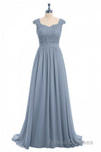 Dusty Blue Lace Cap Sleeve A-Line Floor-Length Bridesmaid Dress