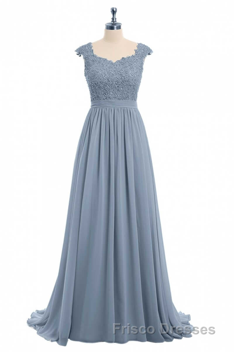 Dusty Blue Lace Cap Sleeve A-Line Floor-Length Bridesmaid Dress