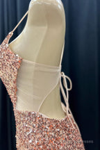 Pink Mermaid V Neck Lace-Up Back Sequins Long Prom Dress with Slit