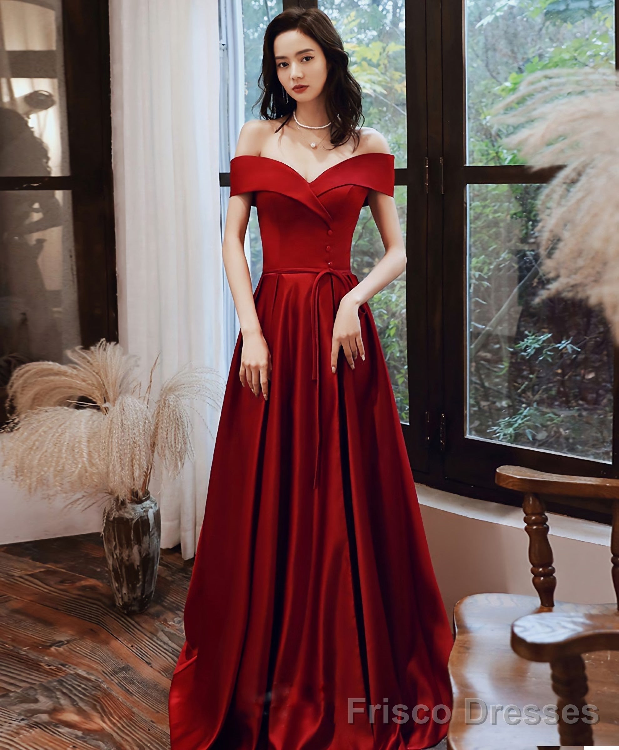 Simple V Neck Off Shoulder Satin Long Prom Dress Evening Dress Secondary image